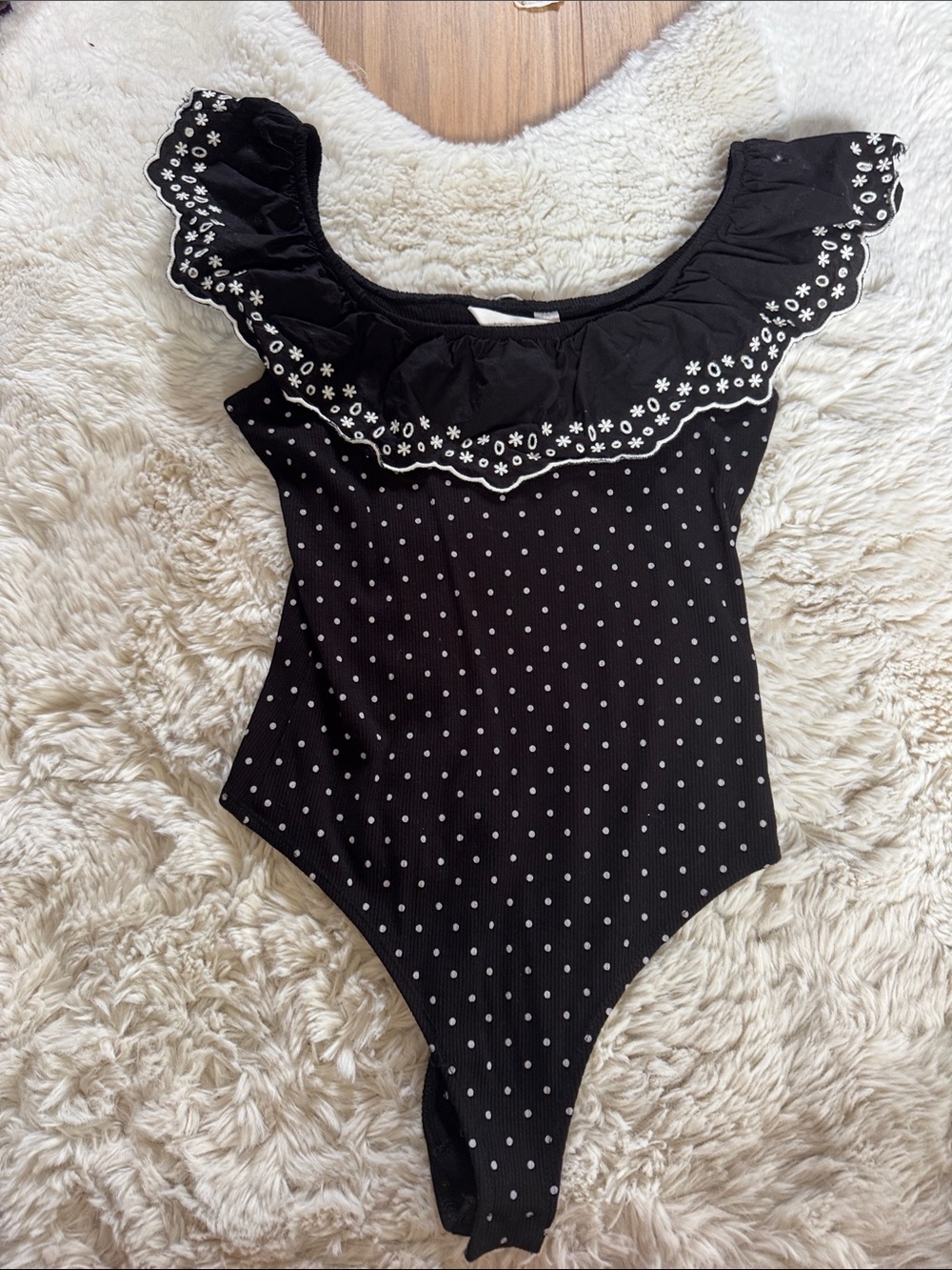 Black Polka Dot Ruffle Off-Shoulder Bodysuit